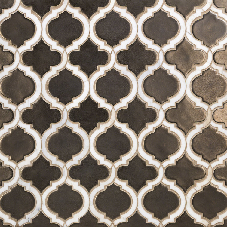 Metallic Copper and White Ceramic Arabesque Mosaic Tile Sheet