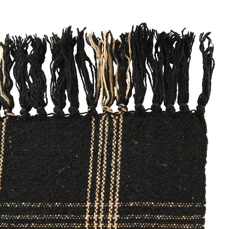 Black and Tan Hand Woven Cotton Fringed Throw Blanket