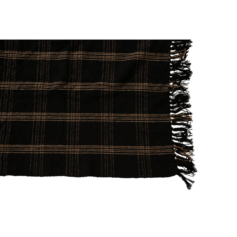 Black and Tan Hand Woven Cotton Fringed Throw Blanket