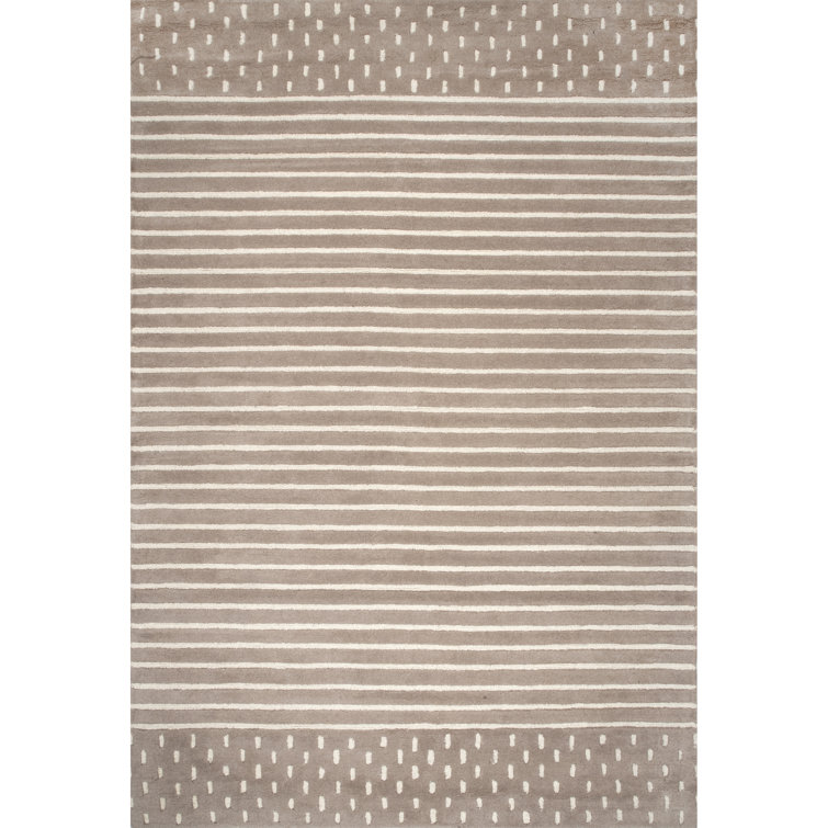 Beige and White Wool Striped Handmade Rectangular Rug 4' x 6'