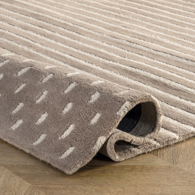 Beige and White Wool Striped Handmade Rectangular Rug 4' x 6'