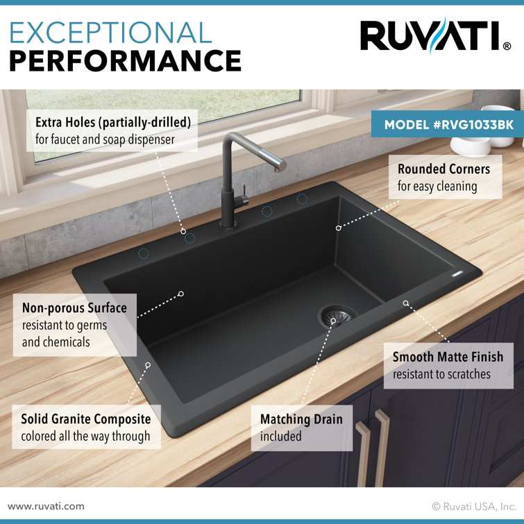 Midnight Black Granite Composite Drop-In Single Bowl Kitchen Sink