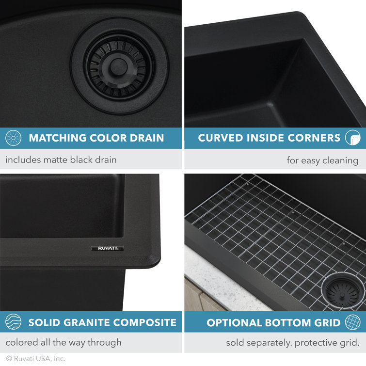 Midnight Black 33 x 22 Inch Granite Double Bowl Drop-In Sink