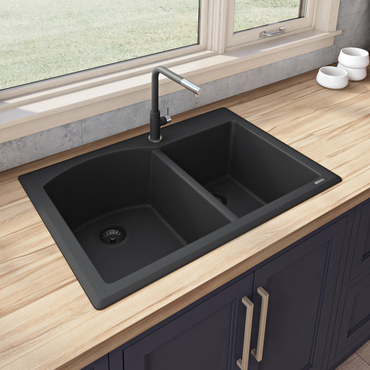 Midnight Black 33 x 22 Inch Granite Double Bowl Drop-In Sink