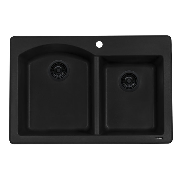 Midnight Black 33 x 22 Inch Granite Double Bowl Drop-In Sink