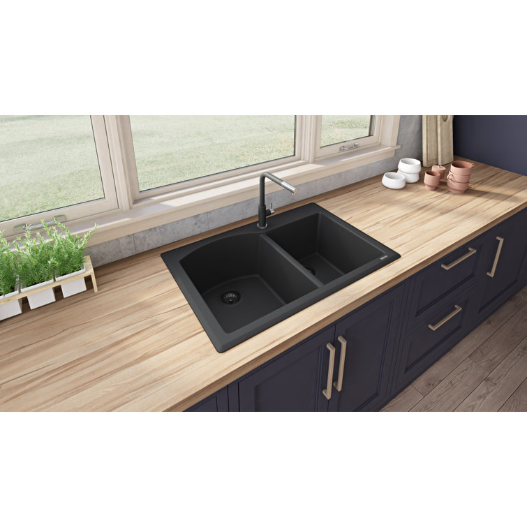 Midnight Black 33 x 22 Inch Granite Double Bowl Drop-In Sink