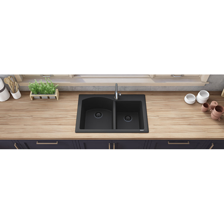 Midnight Black 33 x 22 Inch Granite Double Bowl Drop-In Sink