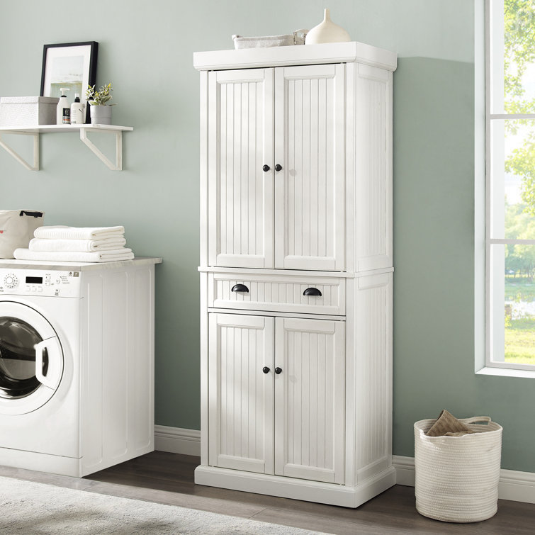 Seaside Distressed White Solid Wood Kitchen Pantry with Adjustable Shelves