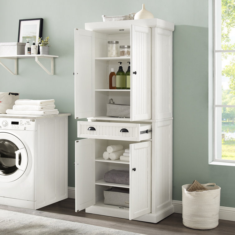 Seaside Distressed White Solid Wood Kitchen Pantry with Adjustable Shelves