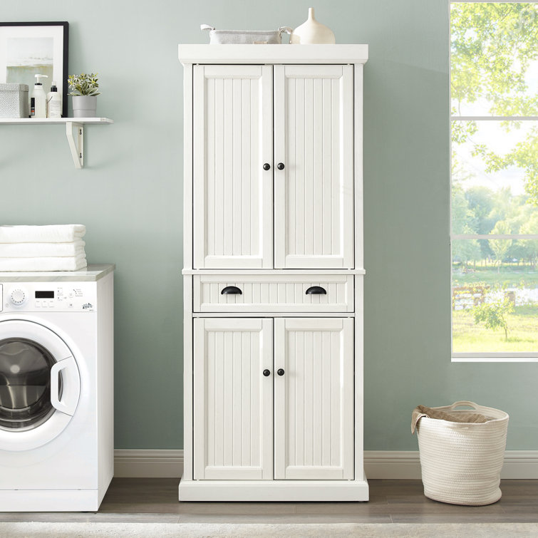 Seaside Distressed White Solid Wood Kitchen Pantry with Adjustable Shelves