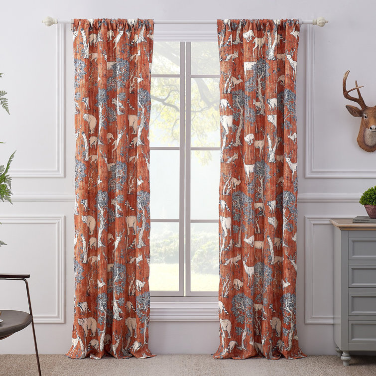 Saffron Red Polyester Wildlife Print Rod Pocket Curtain Panels