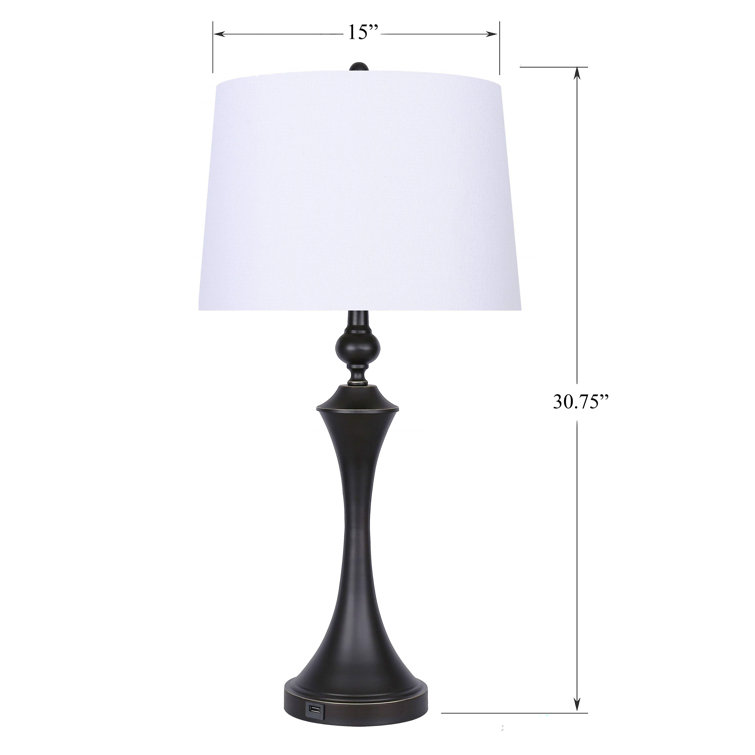 Set of 2 Oil-Rubbed Bronze Table Lamps with Off-White Linen Shades and USB Ports