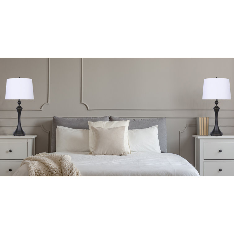 Set of 2 Oil-Rubbed Bronze Table Lamps with Off-White Linen Shades and USB Ports