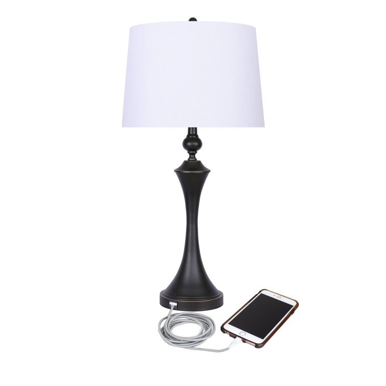 Set of 2 Oil-Rubbed Bronze Table Lamps with Off-White Linen Shades and USB Ports