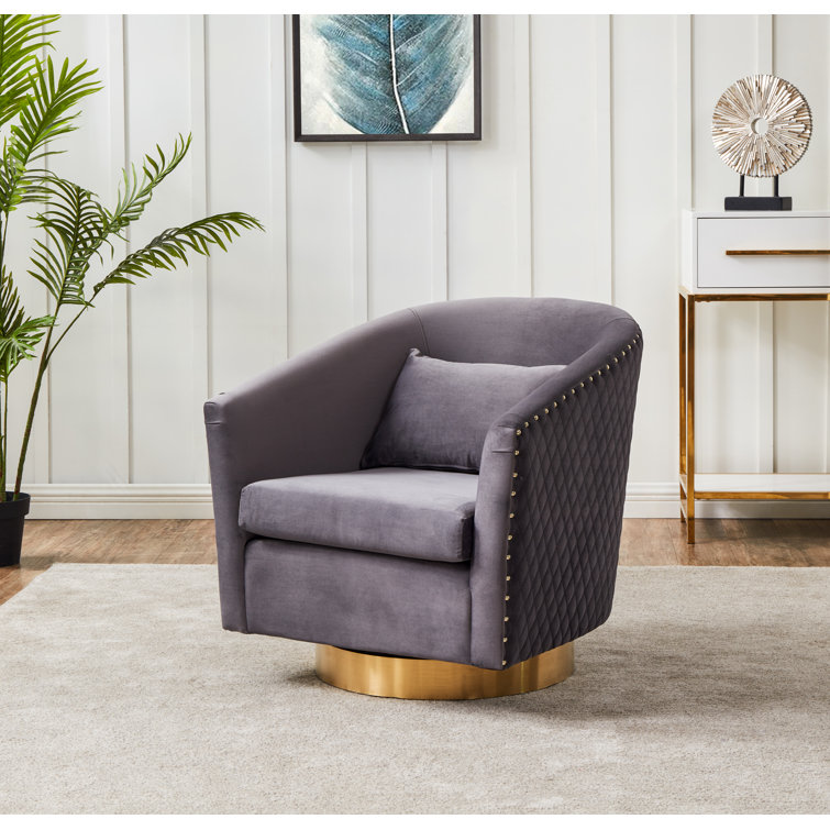 Slate Grey Velvet Swivel Barrel Chair with Gold Base