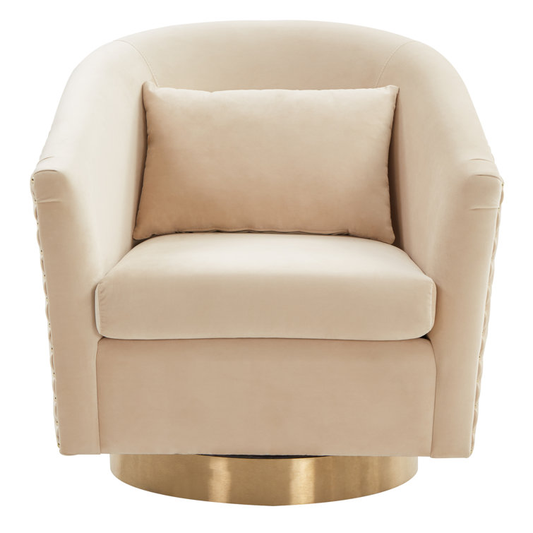 Elegant Cream Velvet Barrel Swivel Chair with Gold Accents