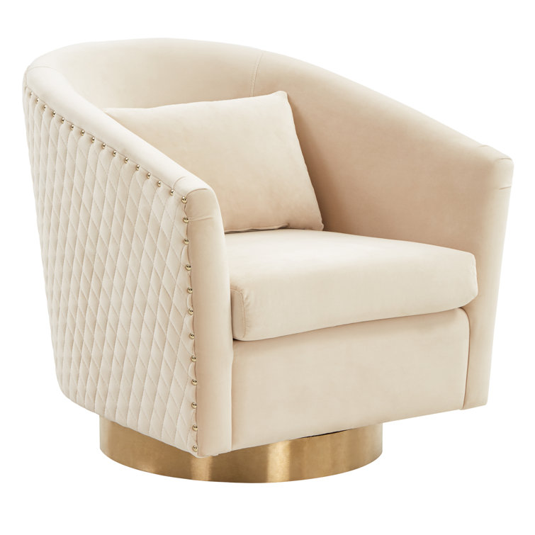 Elegant Cream Velvet Barrel Swivel Chair with Gold Accents