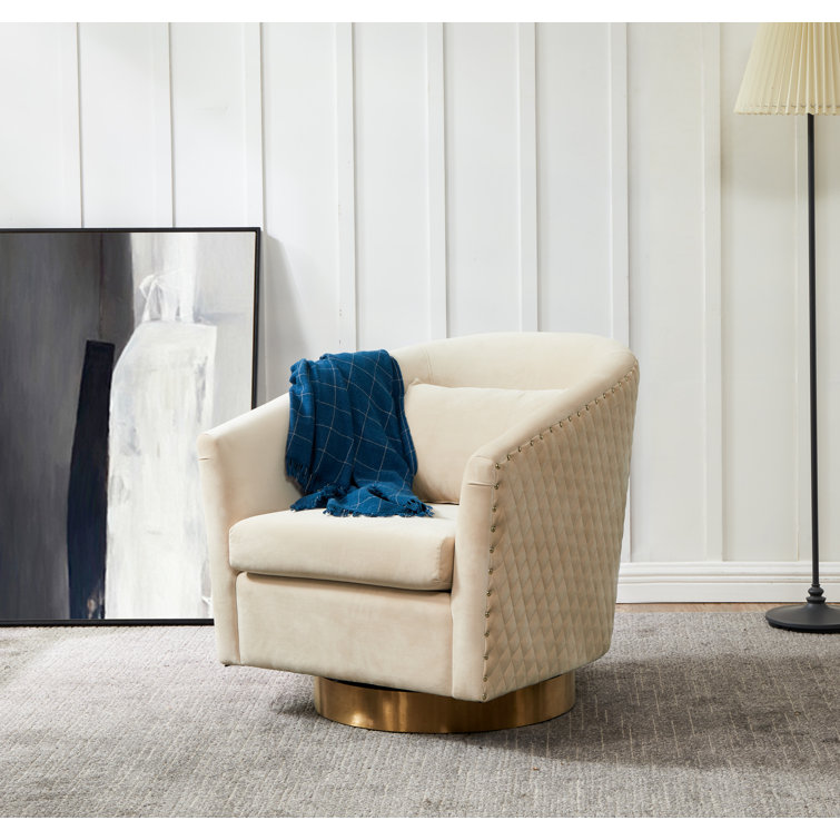 Elegant Cream Velvet Barrel Swivel Chair with Gold Accents