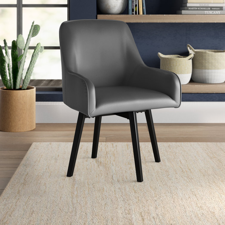 Matte Black Leather Swivel Armchair with Metal Legs
