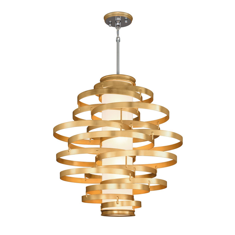 Luxurious Gold Leaf and Polished Stainless 6-Light LED Chandelier with Opal White Shade