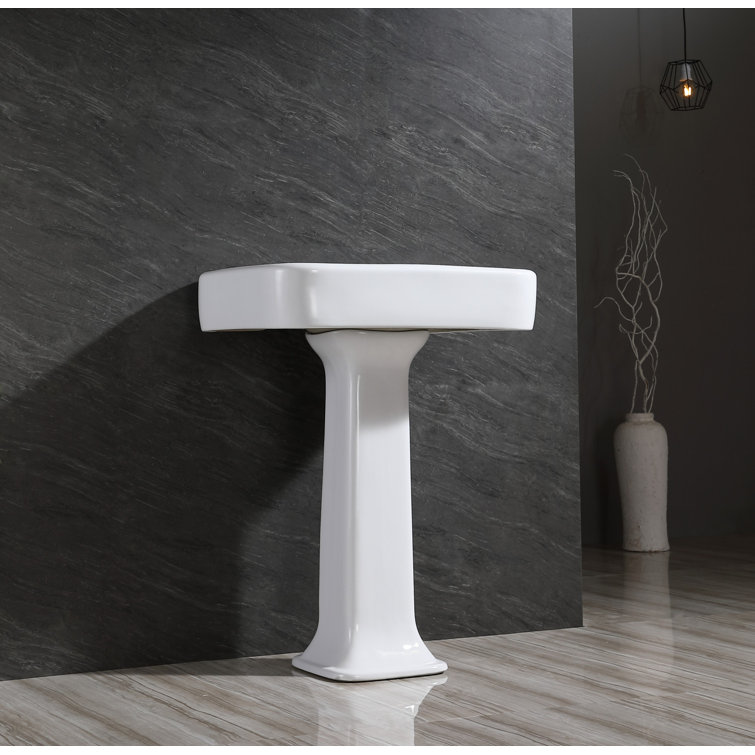 White Ceramic Pedestal Bathroom Sink with Rectangular Basin