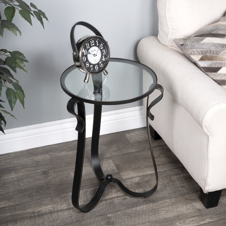 Round Black Metal and Glass End Table