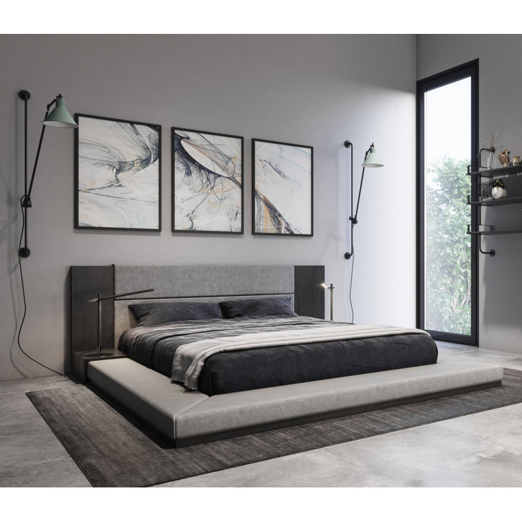 California King Dark Walnut Upholstered Bed with Slats