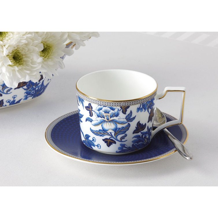 Wedgwood Hibiscus Blue and Gold Fine Bone China Teacup and Saucer