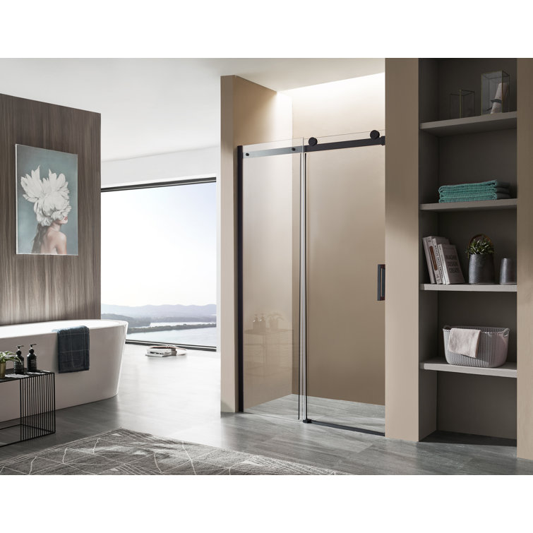 Rhodes Matte Black Frameless Sliding Shower Door with Handle