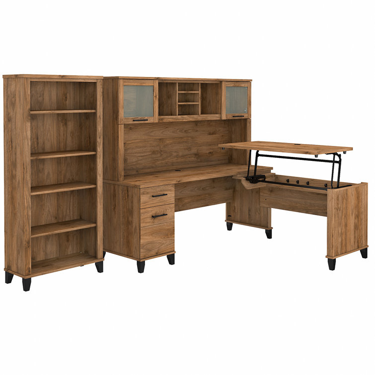 Fresh Walnut 72" L-Shaped Sit-Stand Desk with Hutch and File Cabinet