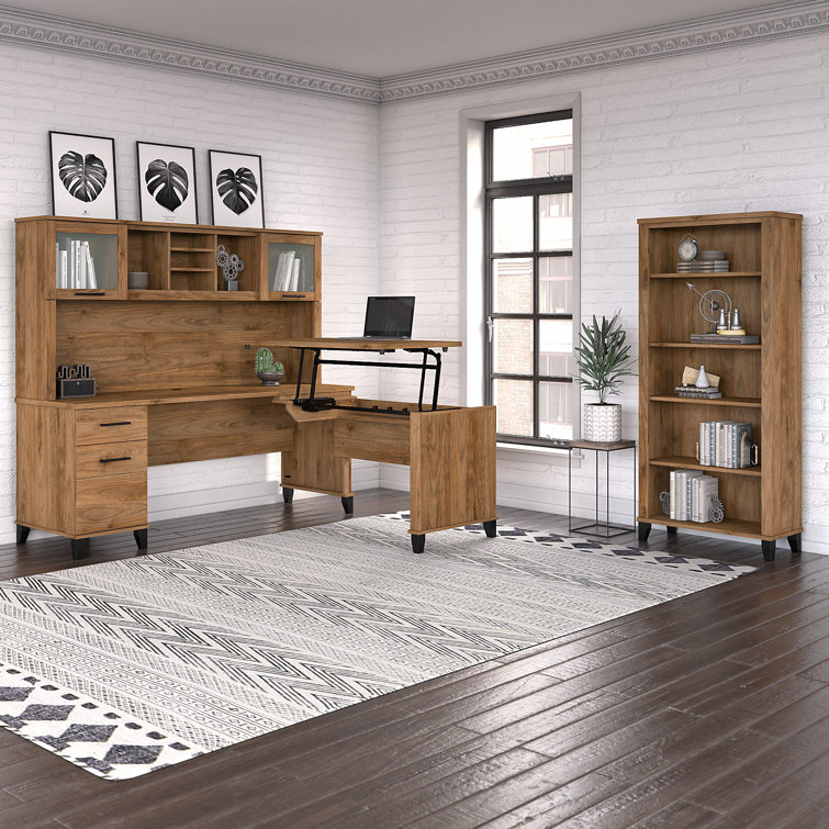 Fresh Walnut 72" L-Shaped Sit-Stand Desk with Hutch and File Cabinet
