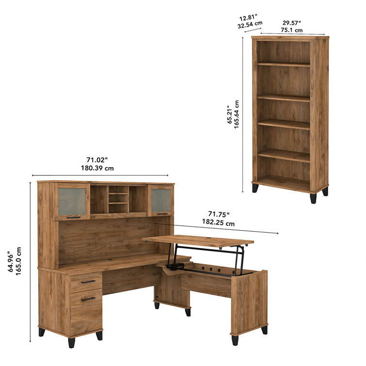 Fresh Walnut 72" L-Shaped Sit-Stand Desk with Hutch and File Cabinet