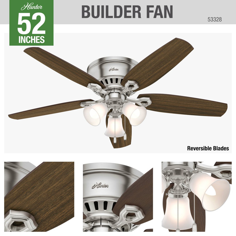 52" Brushed Nickel Low Profile Ceiling Fan with Lights