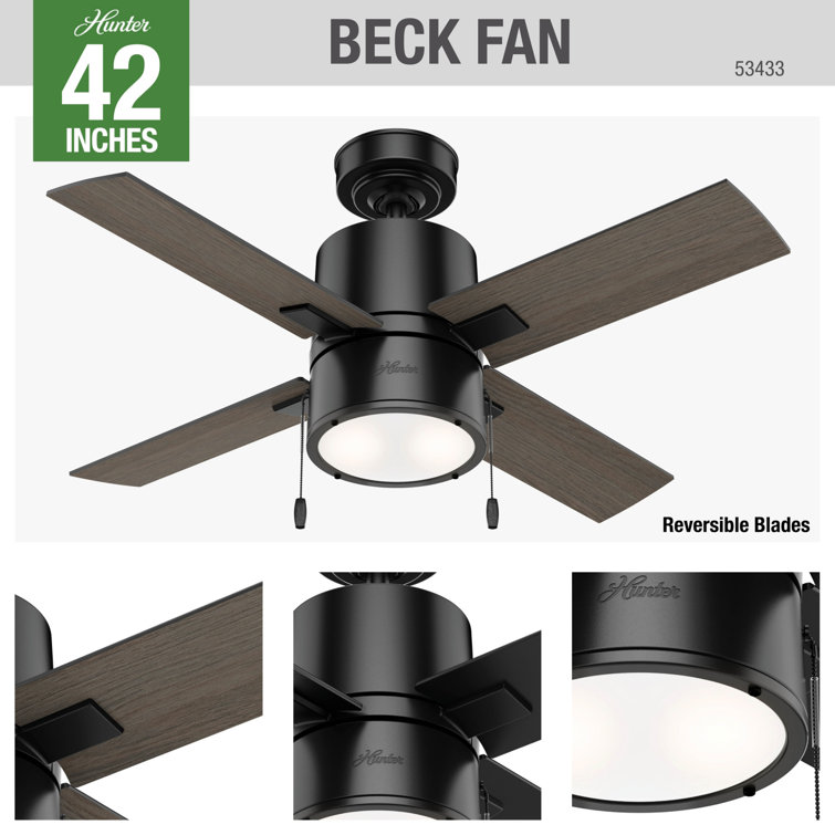 Hunter Beck 42" Matte Black Ceiling Fan with Greyed Walnut Blades and LED Light