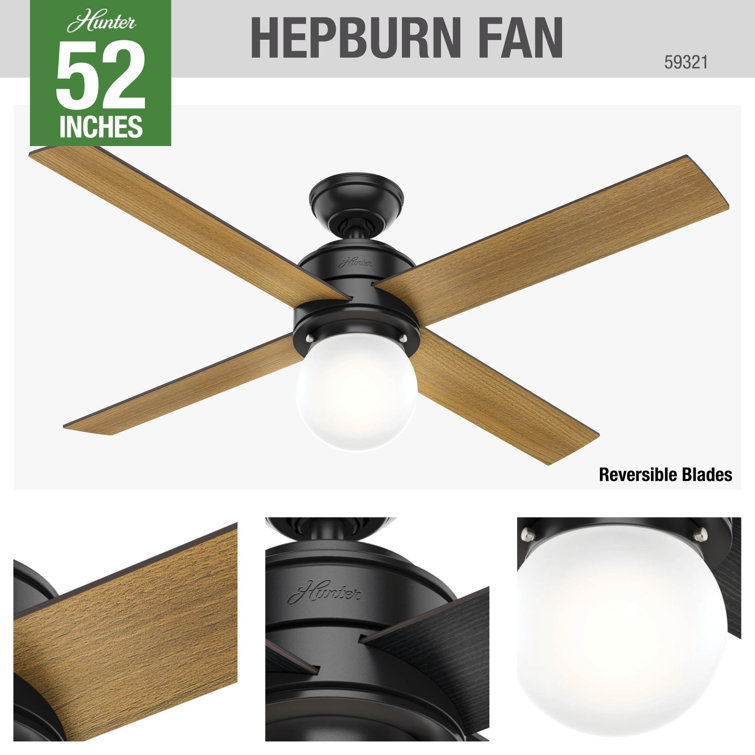 52" Matte Black Ceiling Fan with Globe Light and Wall Control