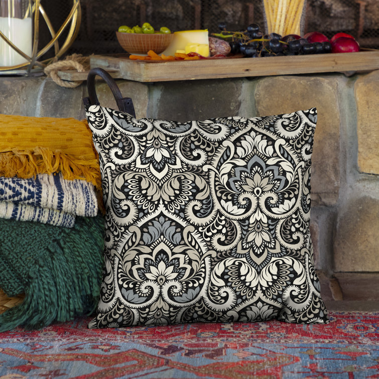 Black Damask UV Resistant Outdoor Square Pillow
