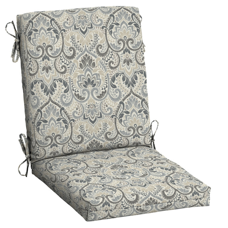 Neutral Aurora Damask Outdoor Dining Chair Cushion with Ties