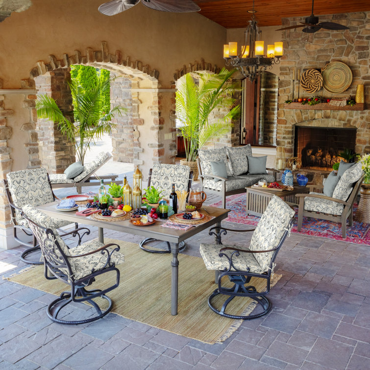 Neutral Aurora Damask Outdoor Dining Chair Cushion with Ties