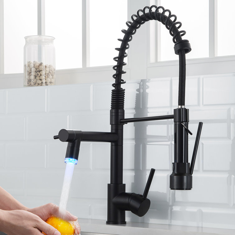 Matte Black Brass Pull Down Kitchen Faucet with LED Light