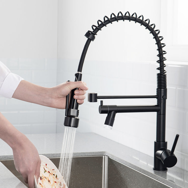 Matte Black Brass Pull Down Kitchen Faucet with LED Light