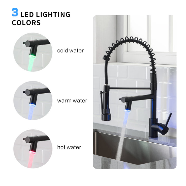 Matte Black Brass Pull Down Kitchen Faucet with LED Light