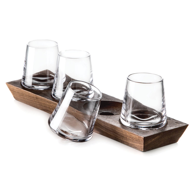 Handblown Crystal Whiskey Glass Set with Walnut Base