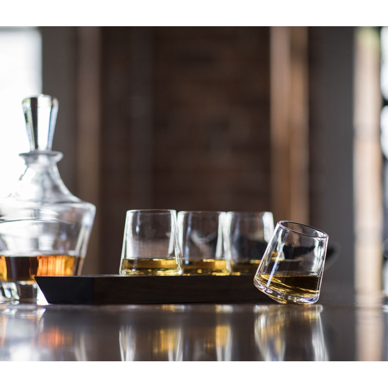 Handblown Crystal Whiskey Glass Set with Walnut Base