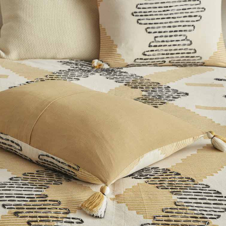 Full/Queen Yellow Cotton Duvet Cover Set with Tassels