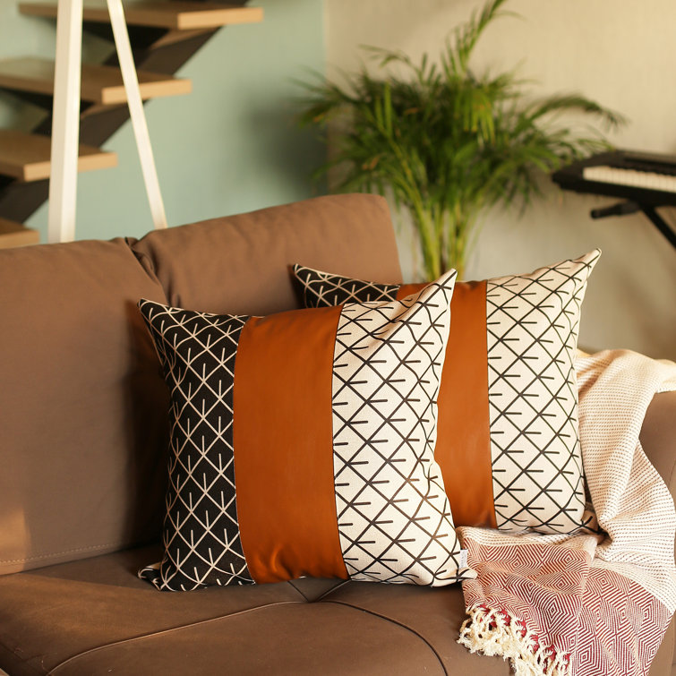 Brown and Ivory Geometric Faux Leather Pillow Cover Set
