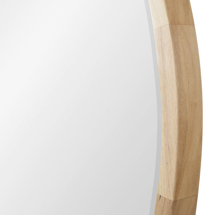 Natural Poplar Wood Round Wall Mirror with Beveled Glass
