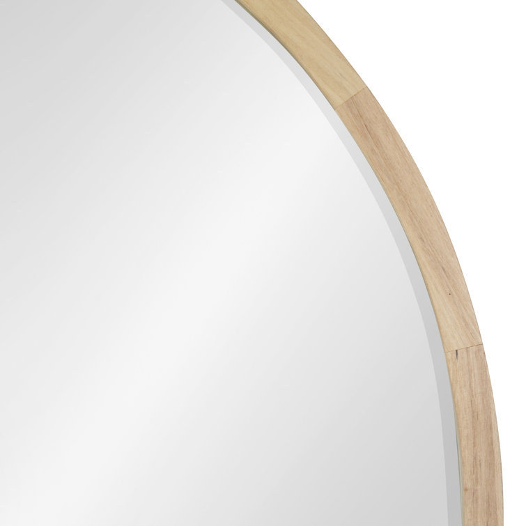 Natural Poplar Wood Round Wall Mirror with Beveled Glass