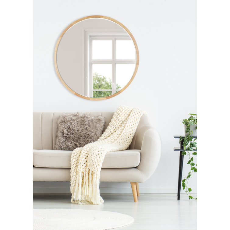 Natural Poplar Wood Round Wall Mirror with Beveled Glass