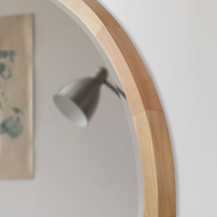 Natural Poplar Wood Round Wall Mirror with Beveled Glass