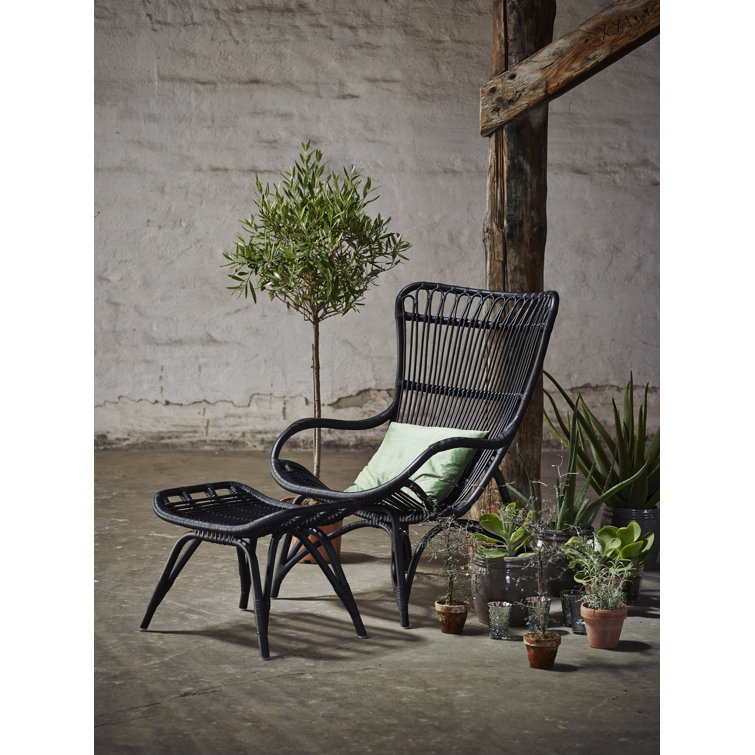 Black Handcrafted Rattan Mid-Century Modern Ottoman